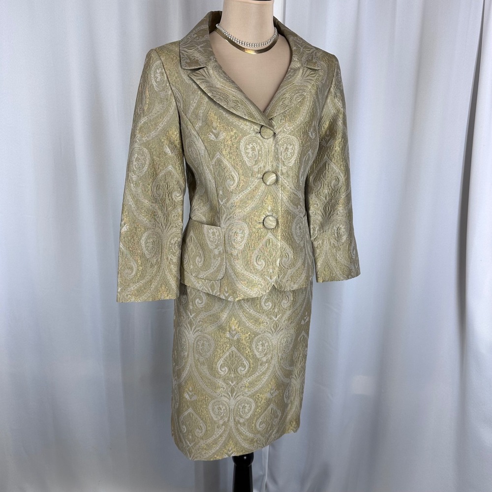 Jones New York Suit 8P Gold Brocade Skirt Set Petite Jacket Formal